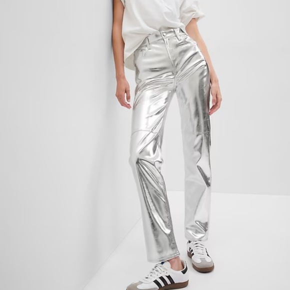 Gap High Rise Vegan Leather Cheeky Straight Pants - Silver - 30 (10) L - NWT - Picture 1 of 7